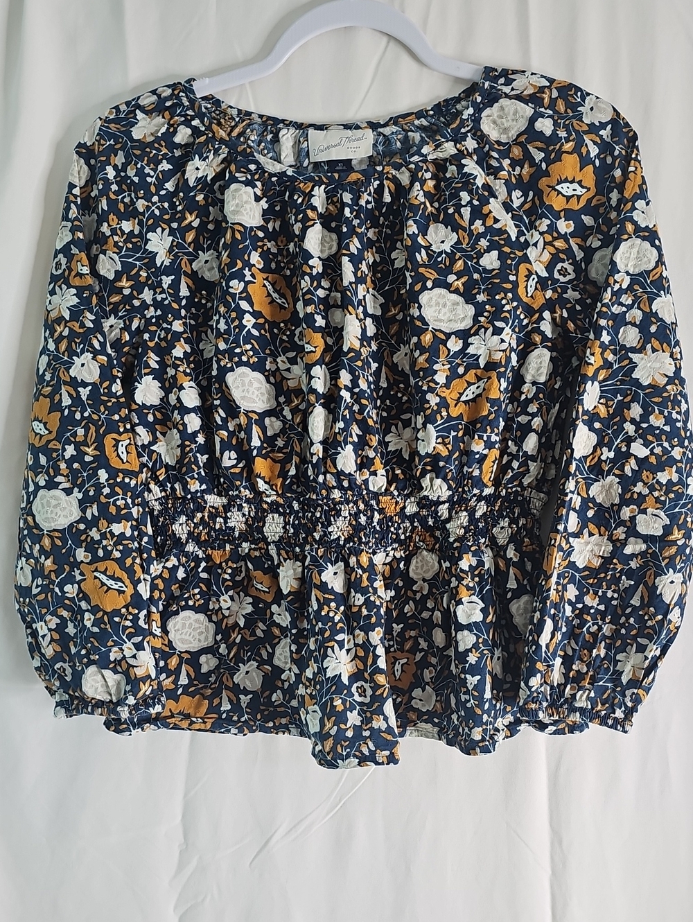Universal Threads Navel Floral Smocked-Peplum Blouse with Cream & Mustard